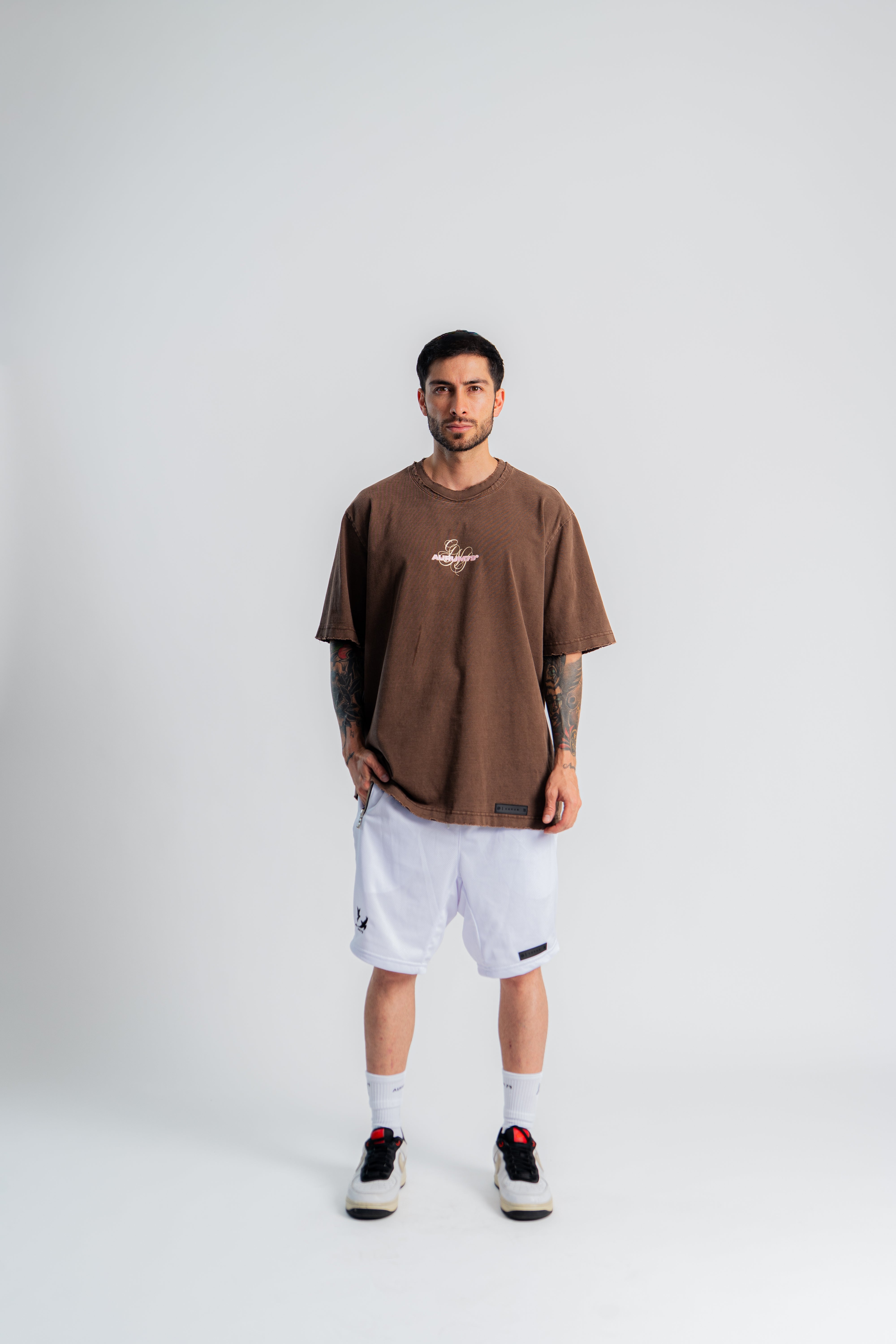 Gems Pigeons Oversized T-Shirt Café en modelo — AURUM 79