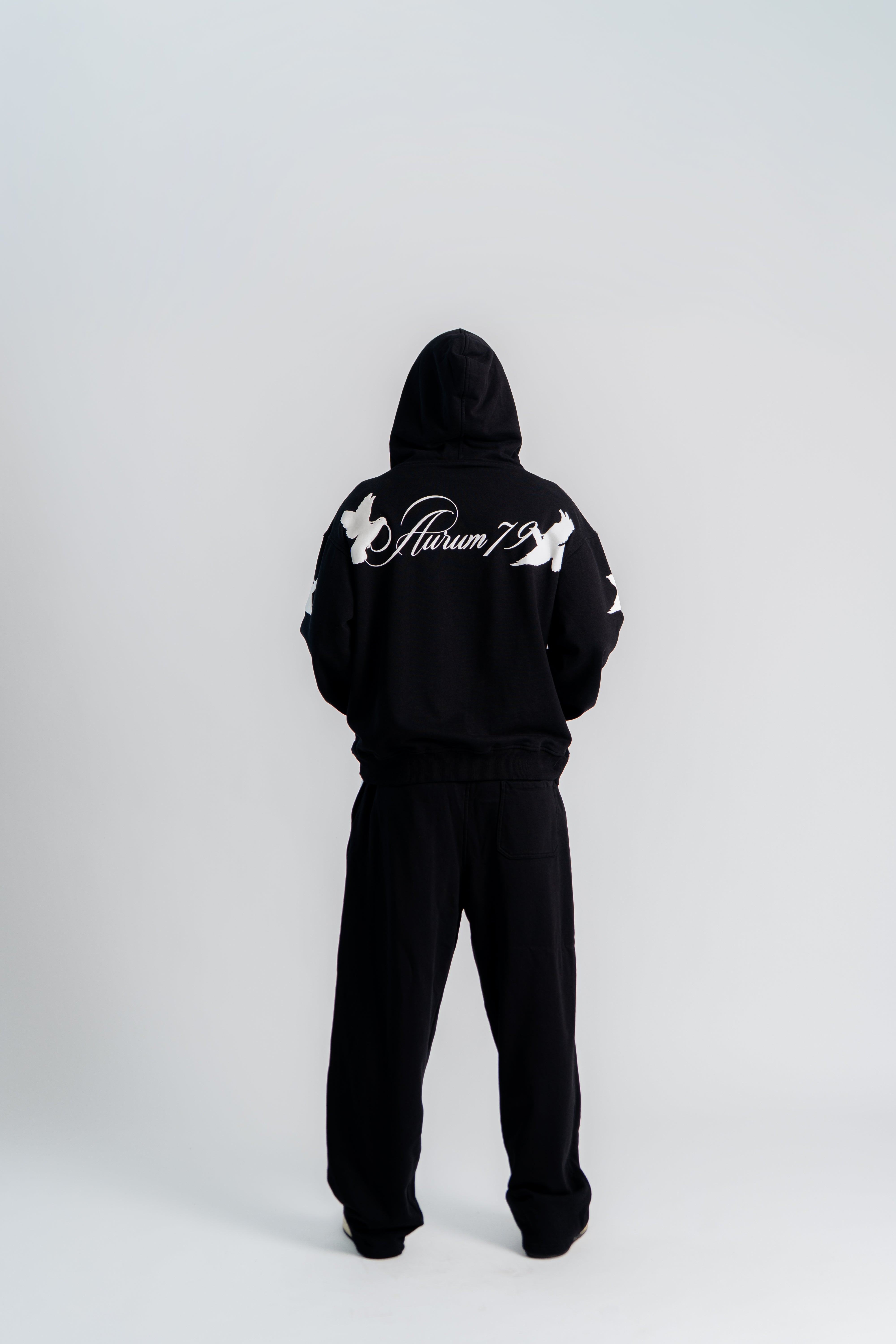 Flying Pigeons Boxy Fit Hoodie Negro en modelo — AURUM 79